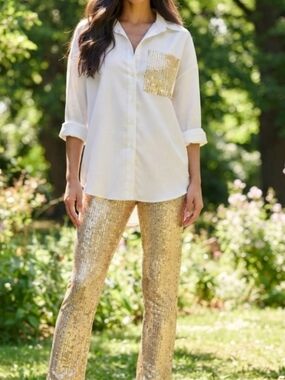 Gold Sequin Skinny Pants - Women's Sparkle Trousers US 14-16